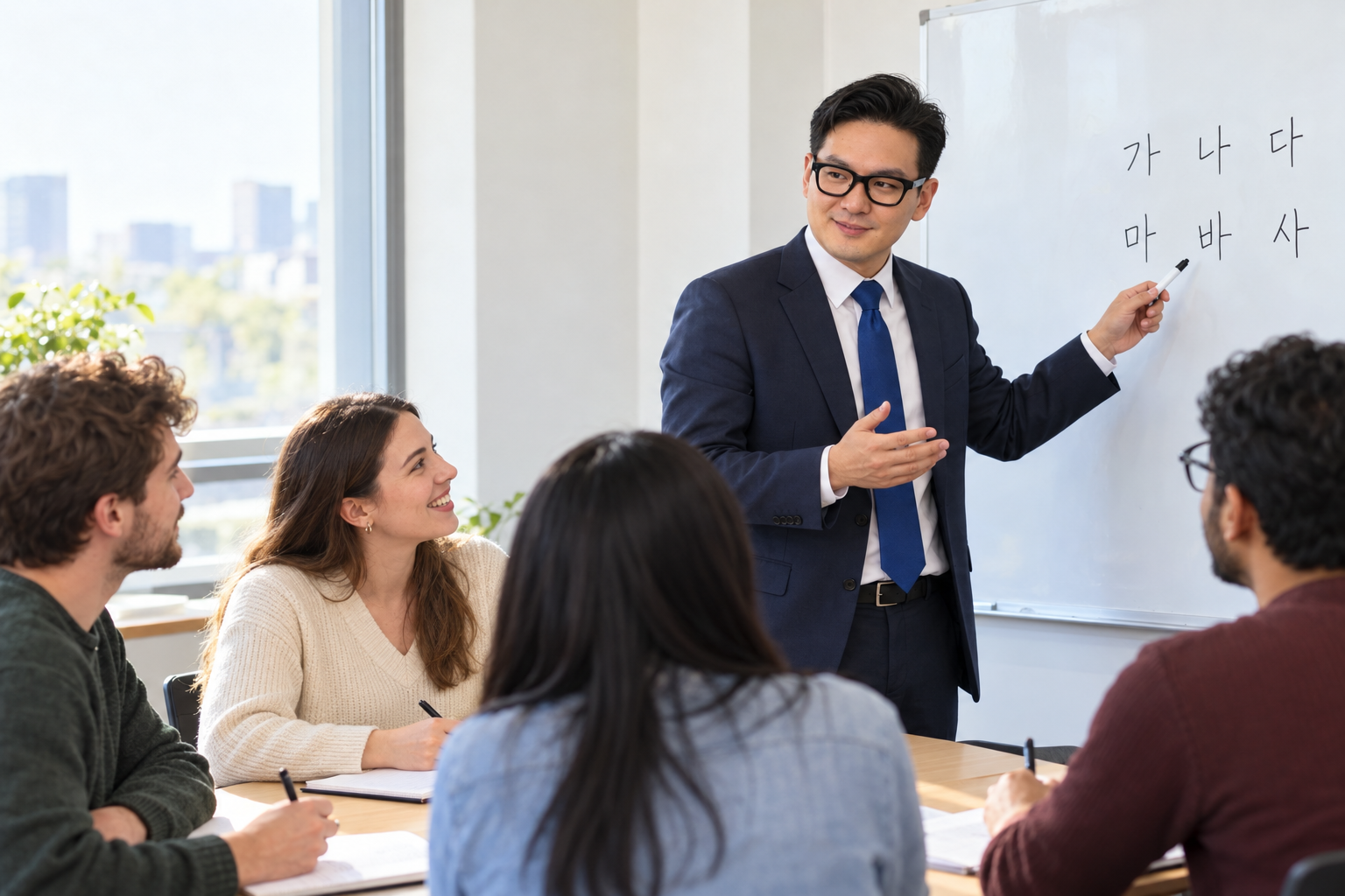 Illustrative classroom scene of Eric Jinwoo Park teaching adult learners Korean syllables at a whiteboard.
